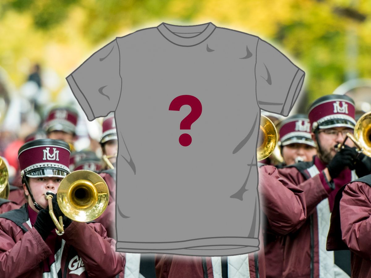 Graphic of a T-shirt placed over a photo of the UM Band.