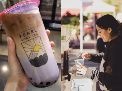 A boba tea drink side by side with a photo of Asia Caluori. 