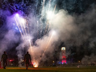 Fireworks and bonfire infront of Main Hall during the 2022 Yell Night Pep Rally