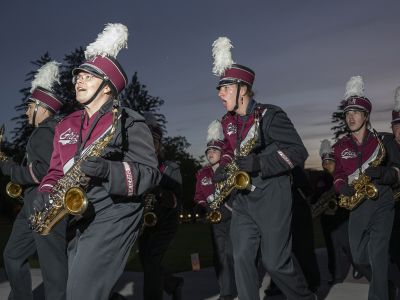 The Grizzly Marching Band playing at the 2022 Yell Night Pep Rally