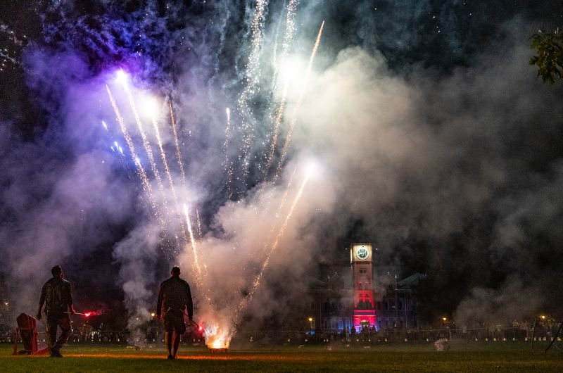 Fireworks and bonfire infront of Main Hall during the 2022 Yell Night Pep Rally