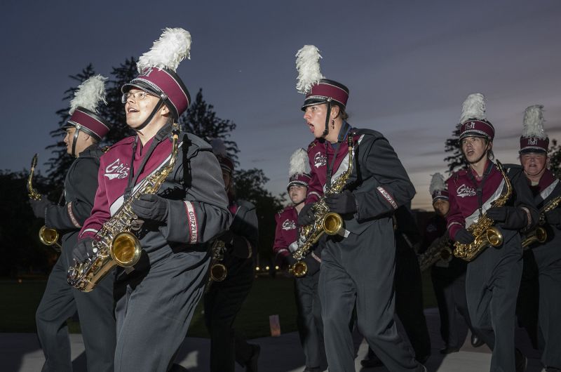 The Grizzly Marching Band playing at the 2022 Yell Night Pep Rally