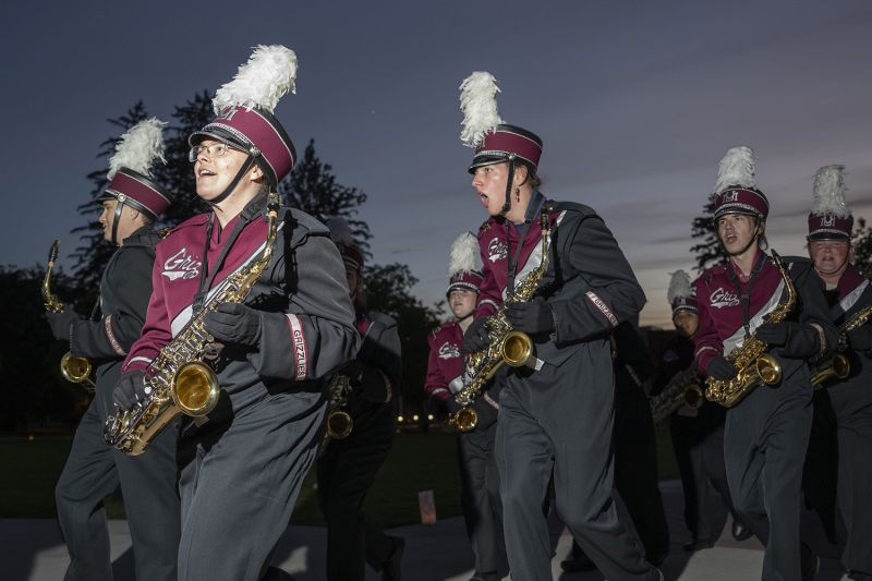 The Grizzly Marching Band playing at the 2022 Yell Night Pep Rally