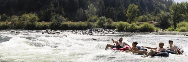 Freshman floating in inner tubes on the river as part of the Freshman Float during the Big Sky Experience orientation week at UM
