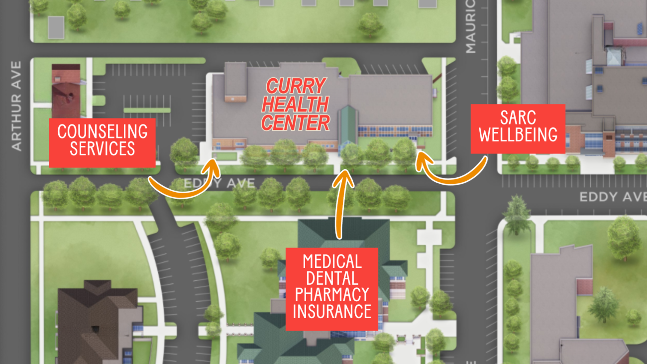 Map of Curry Health Center showing building entrances and department access. The northeast entrance leads to Medical Services and Pharmacy. The southeast entrance provides access to Counseling and Psychological Services. The southwest entrance leads to Wellness, including Health Promotion and Peer Health Educators. Each entrance is labeled with directional arrows and department names for clarity.