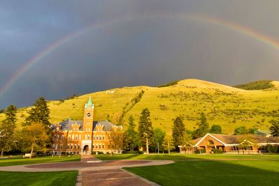 A rainbow rises above the UM campus.