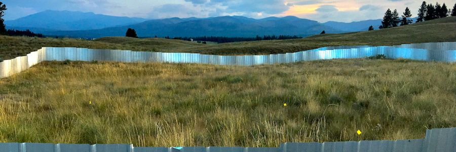 fence surrounding a portion of grassland for scientific research with mountains and a setting sun in the background