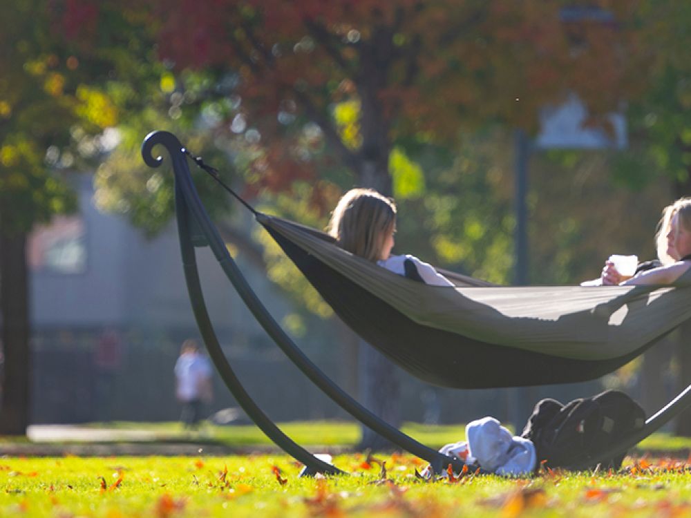 Two students share a hammock on the Oval