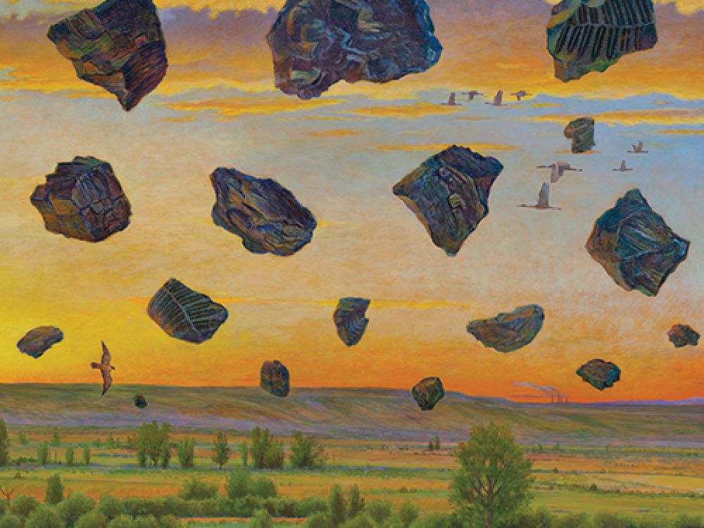 Monte Dolack artwork that shows rocks falling from the sky