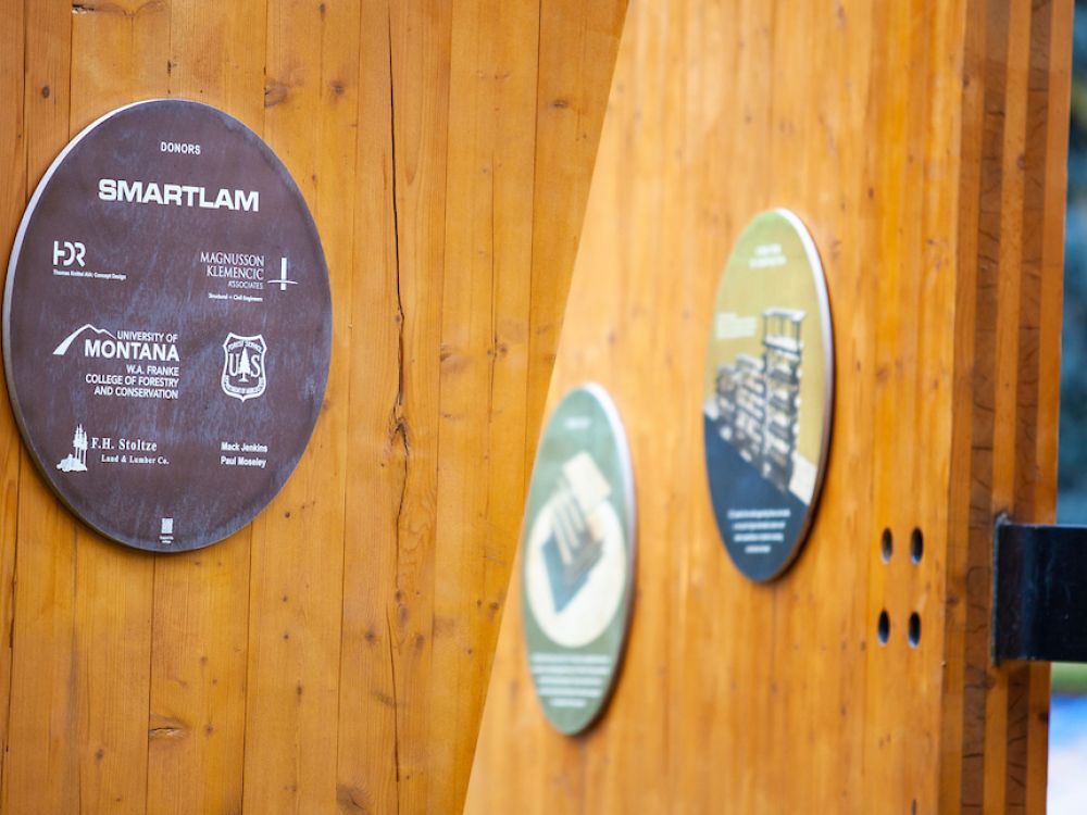 Smartlam sculpture stands near the Forestry Building on the University of Montana campus.