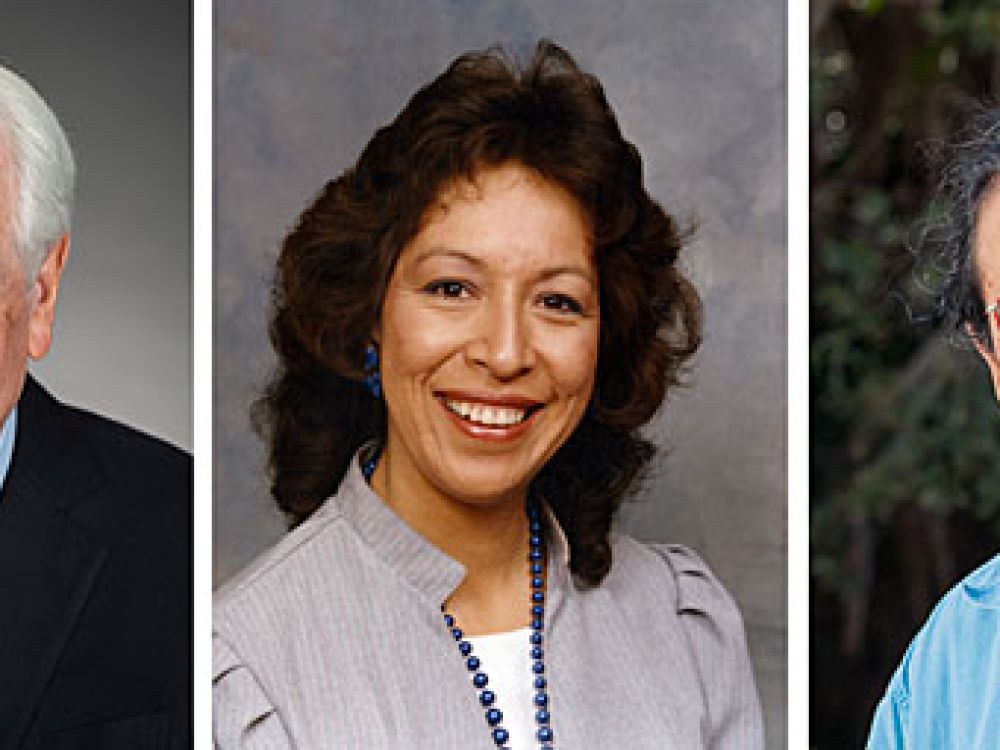 Three people sit for headshots: an elderly white male, an American Indian woman and an American Indian male 