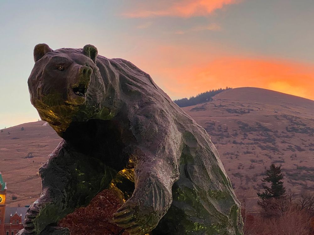 A December sun rises over UM's Grizzly Bear statue.