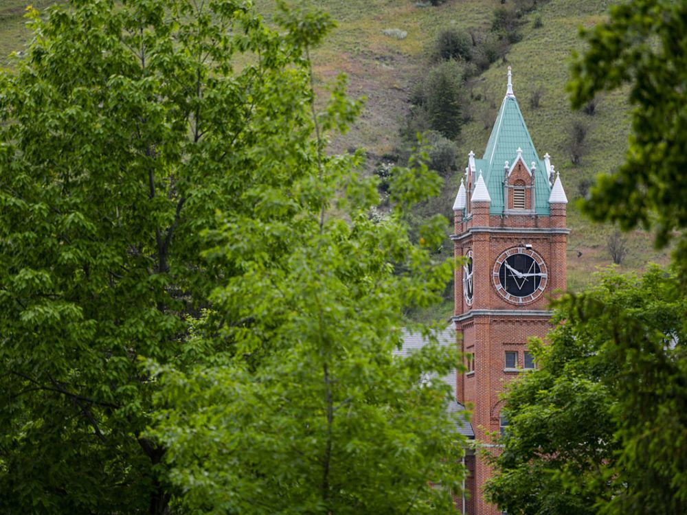 A picture of UM's Main Hall nestled among trees.