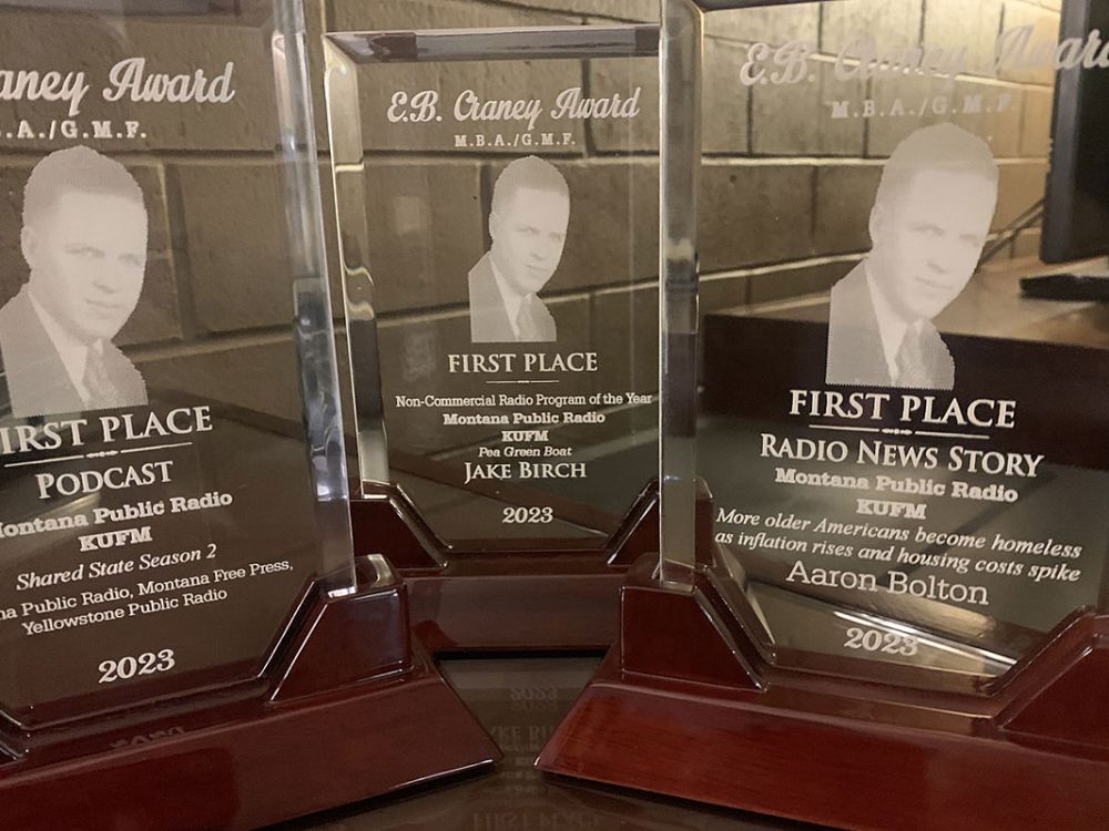 A picture of E.B. Craney Awards won by Montana Public Radio and Montana PBS staff members. 