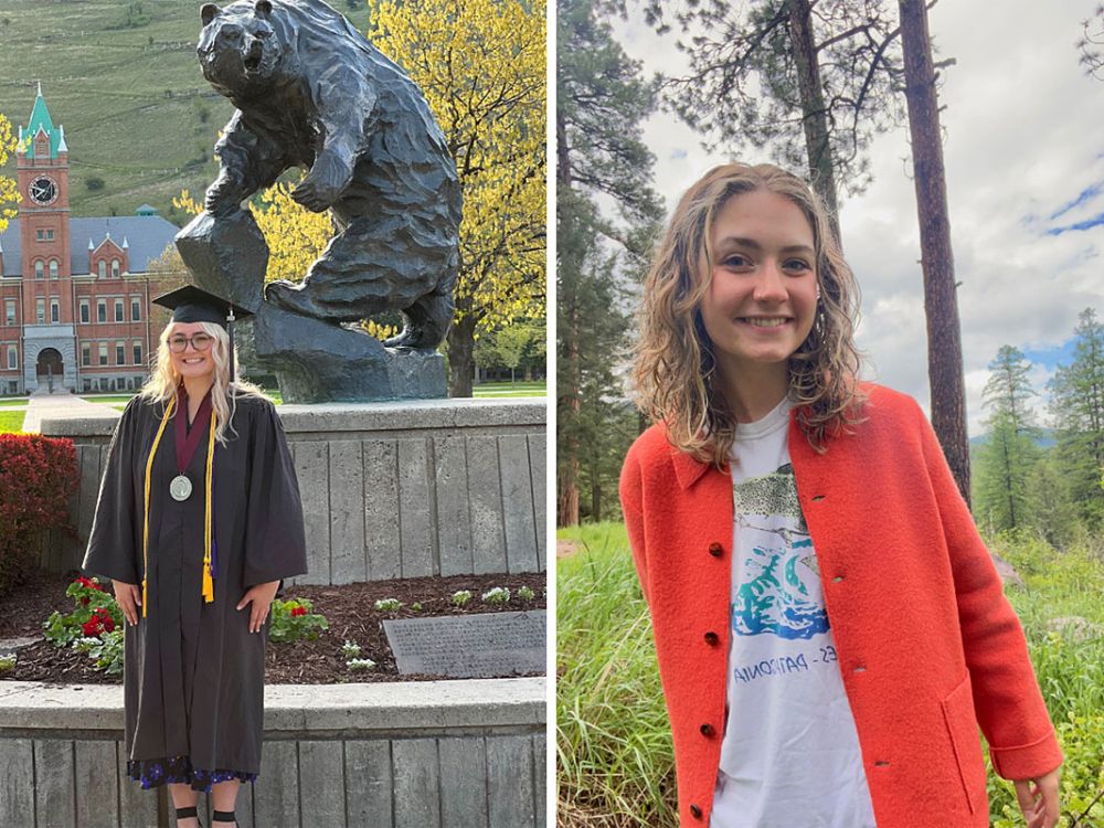 A picture of Lauryn Tecca in her UM graduation gown and Jane Rooney in a forest.