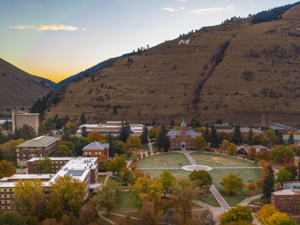 An aerial shot of campus, Main Hall and Mount Sentinel.