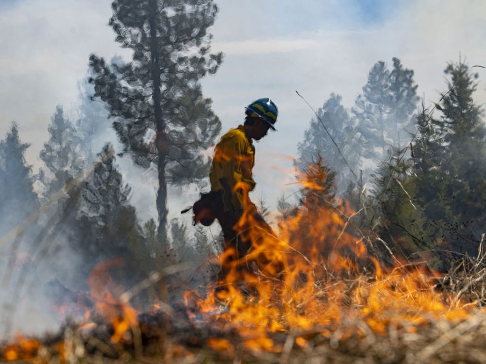 A wildland firefighter walks with fire in the foreground.