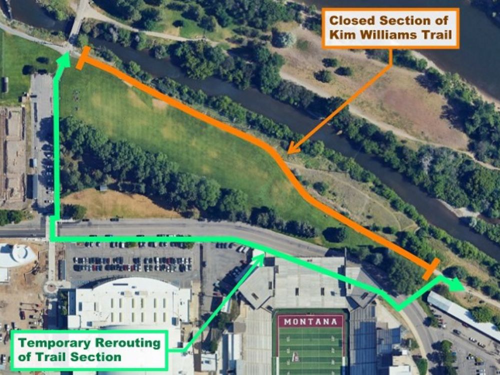 A map showing where the Kim Williams Trail is re-routed.