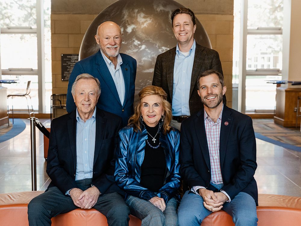 Pictured are (front row, left to right) Mike Halligan, retired Dennis and Phyllis Washington Foundation executive director; Phyllis J. Washington; UM President Seth Bodnar; (back row, left to right) Dr. Dan Lee, UM education college dean; and Jon Bennion, Dennis and Phyllis Washington Foundation executive director. 