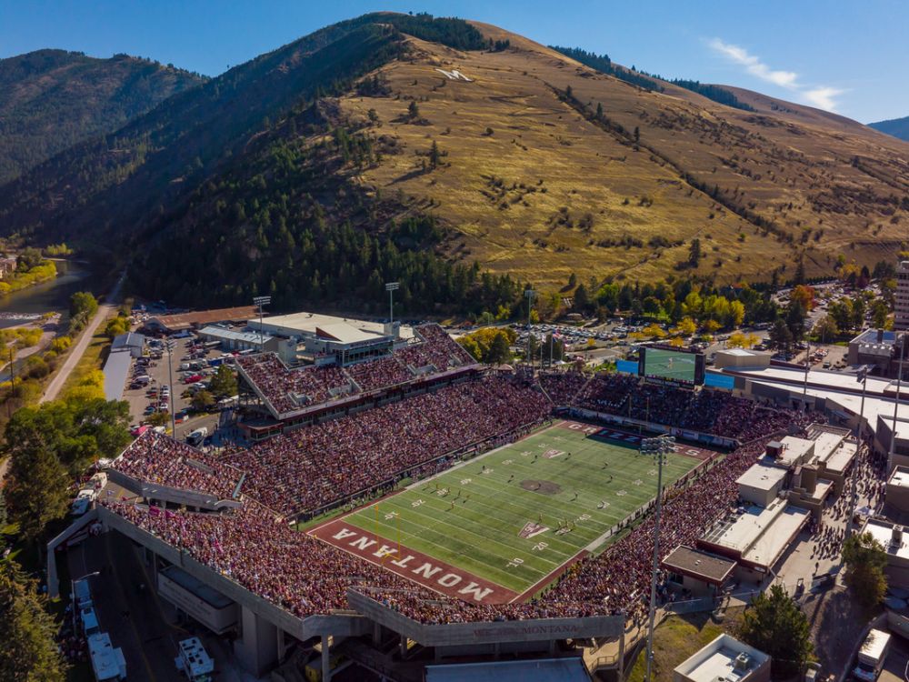 A drone photo of Washington-Grizzly Stadium.