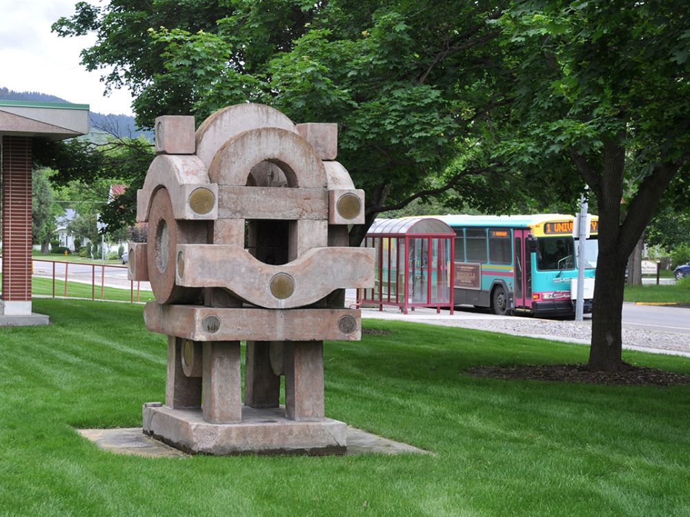 A picture of the "Signal" sculpture before it was removed from its location near Miller Hall.
