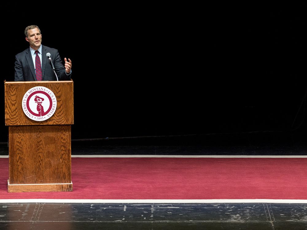 UM President Seth Bodnar speaks to UM first-year students 