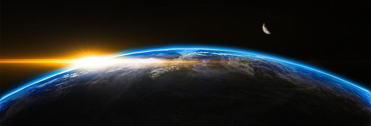 illustration of a part of earth from space with sun shining behind and moon off to one side