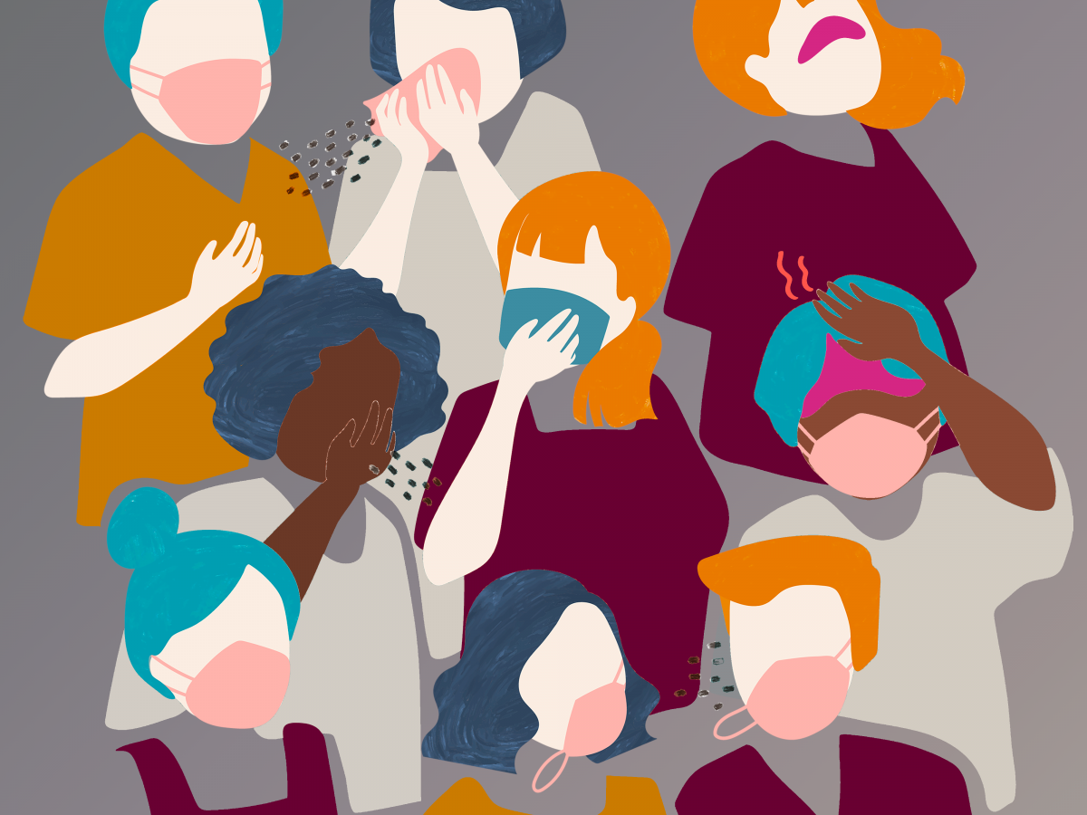 Artistic visual representation of diverse people coping with COVID-19. One coughs, one is wearing a mask, etc.