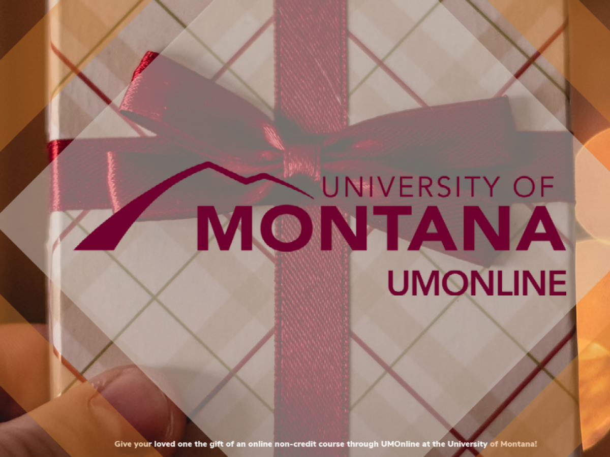 Holiday themed gift box with UM Online Logo in the center.