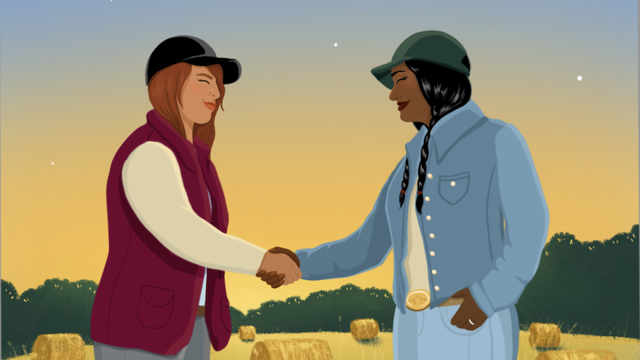 Illustration of two women farmers shaking hands