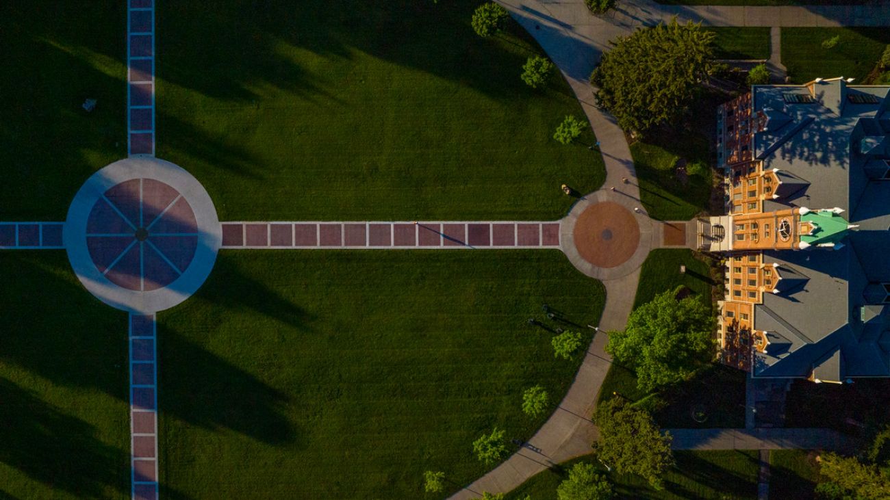 image of UM campus from above, taken by drone