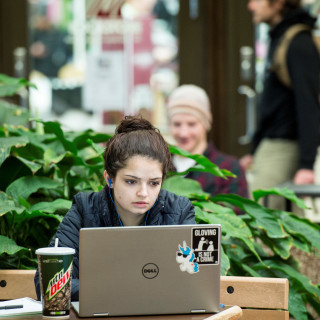 A student works on a laptop computer