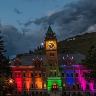 Multi-colored lights shining on Main Hall