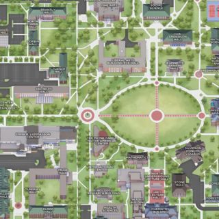 A digitally rendered map of the UM campus