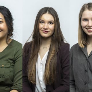 Three UM students named Truman Scholar Finalists pose for headshots. From left: Gold Moua, Augusta Reinhart, Lindsey Roosa