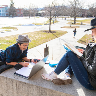Two students study in the sunshine on the steps of Rankin