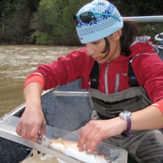 Student on a boat in the river working with a fish