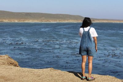 Izabela Garcia-Arce, a UM graduate student in Environmental Studies, looks out over the Pacific from a volcano near San Quintin, Baja California.