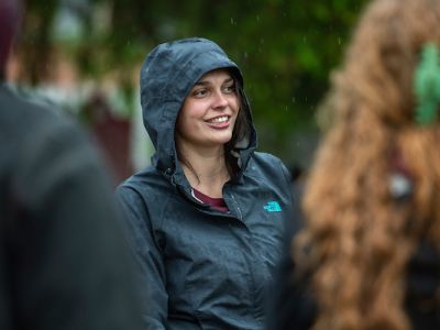 Jacey wearing a rain jacket