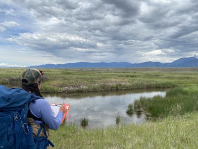 A biologist listens for birds and records data on a clipboard in front of a pond.