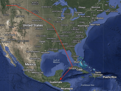 Map of the fall migration route of the Swainson's Thrush with Motus tag #247 in 2024. Traveling south from its more northerly breeding grounds, this individual pinged Motus towers in western Montana (MPG Ranch), north-western Missouri, and Cuba (Havana), before reaching its wintering grounds in Belize. This bird was first tagged in 2023 by UMBEL staff on MPG Ranch. 