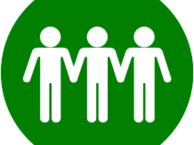 illustration of three stick figures holding hands in a row in white on a green background