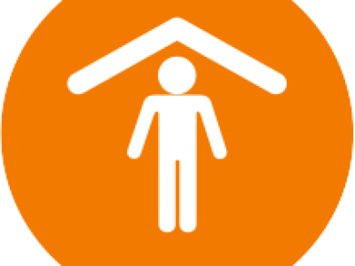 illustration of a stick figure under a roof in white on an orange background