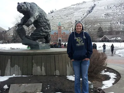 elissa white with bear statue