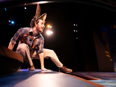 Student rehearses a scene onstage for the UM's  School of Visual and Media Arts’ “A Midsummer Night's Dream”