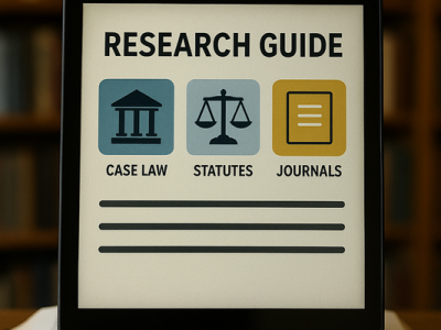A tablet resting on an open law book displays a research guide screen titled ‘RESEARCH GUIDE’ with three icons labeled Case Law, Statutes, and Journals. The scene is set on a wooden table in a law library, with rows of leather-bound books softly blurred in the background.