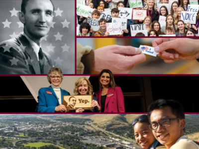 An image of Mike Mansfield composed artistically of several different images with a maroon background