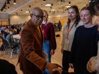 Reverend Nelson talking to students
