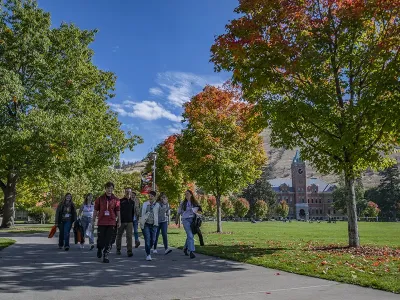 Students getting a tour of campus outside on the oval.