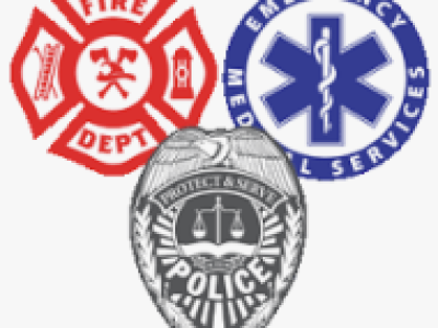 collage of badges for fire, medical, and police departments